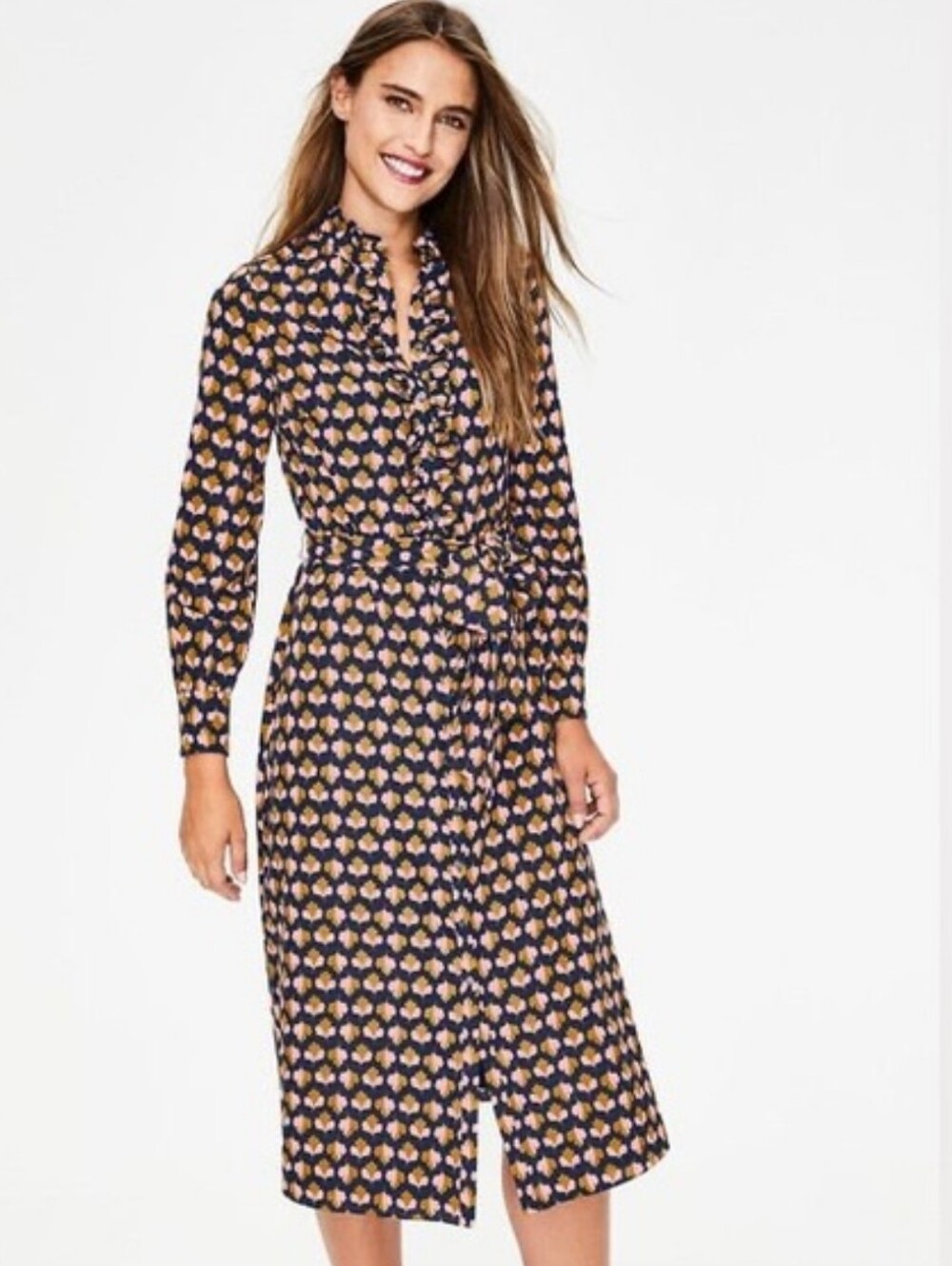Boden Navy Oak Leaf Clover Long Sleeve Shirt Dress - Picture 1 of 12